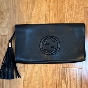 Gucci Black Leather Tassel Wristlet Clutch